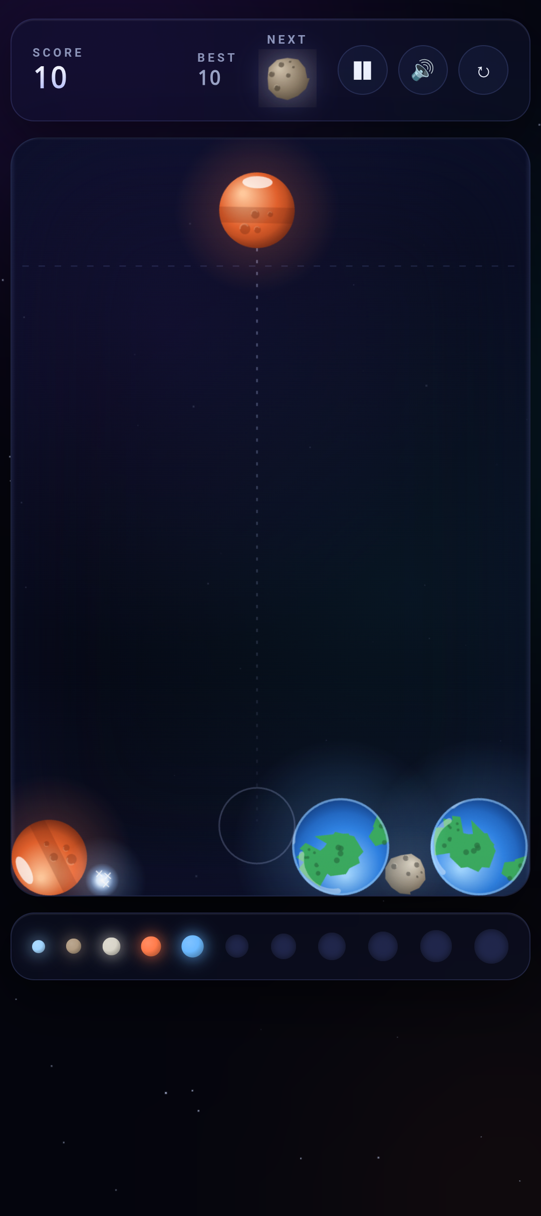Mid-run gameplay with planets stacking